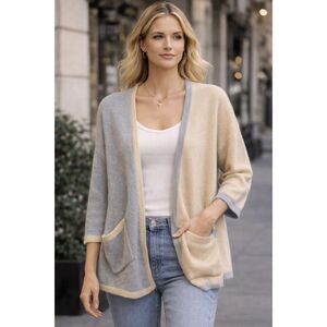 360 Cashmere Beige Blue Open Cardigan Sweater Top  Women's Size Small